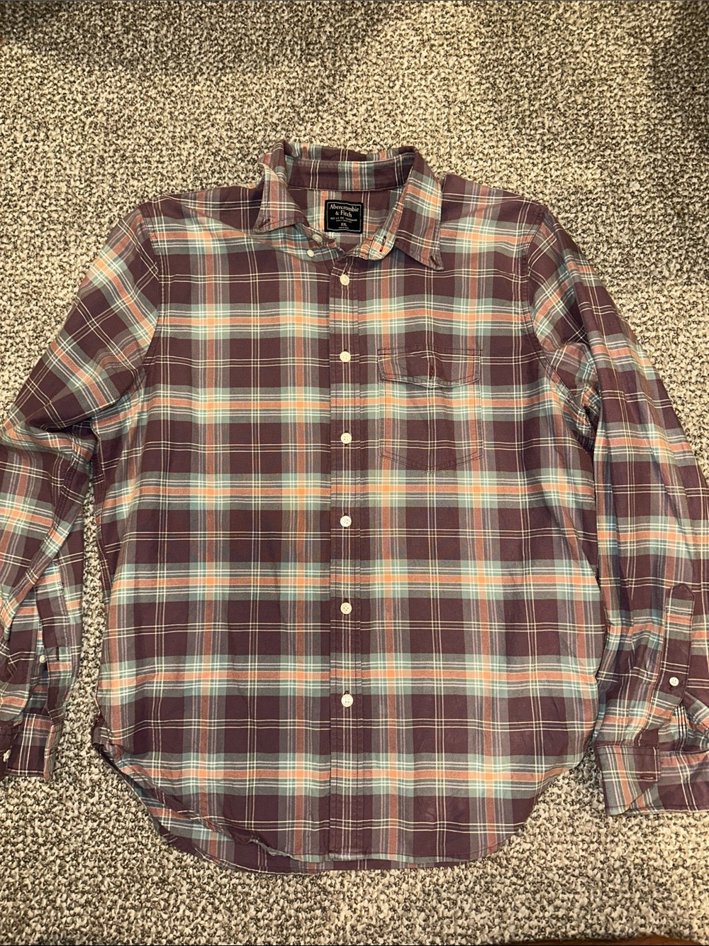 Abercrombie & Fitch Burgundy Plaid Button-Down Shirt with Light Blue Accents